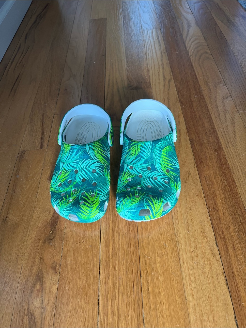 CROCS Teal & Lime Tropical Leaf Clogs